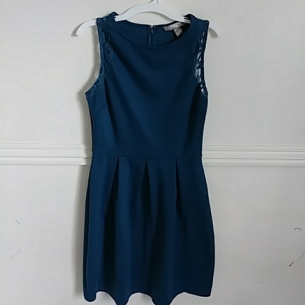 Teal dress with lace lined sleeves